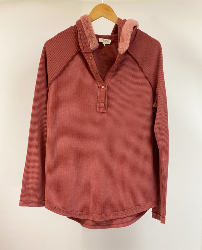 Waffle Knit Henley w/Fur Hoodie Dusty Rose Item #90