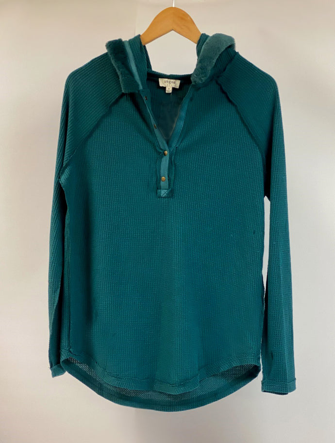Waffle Knit Henley w/Fur Hoodie Teal Item #92